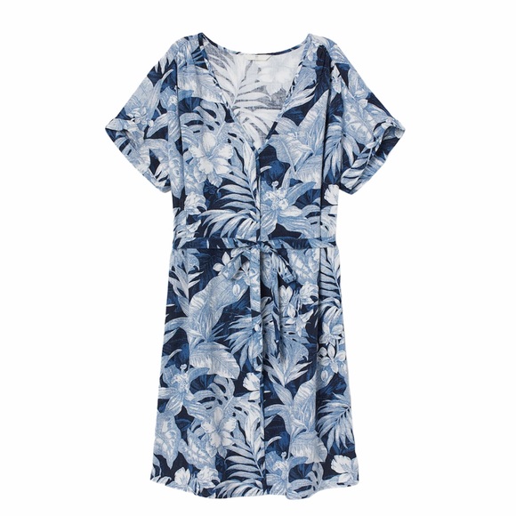 H&M Dresses & Skirts - NWT H&M Blue Linen Tropical Floral Tie Dress XS